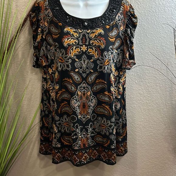 #79 APT.9 short sleeve, beaded, embellished collar, paisley blouse size large - Picture 1 of 13